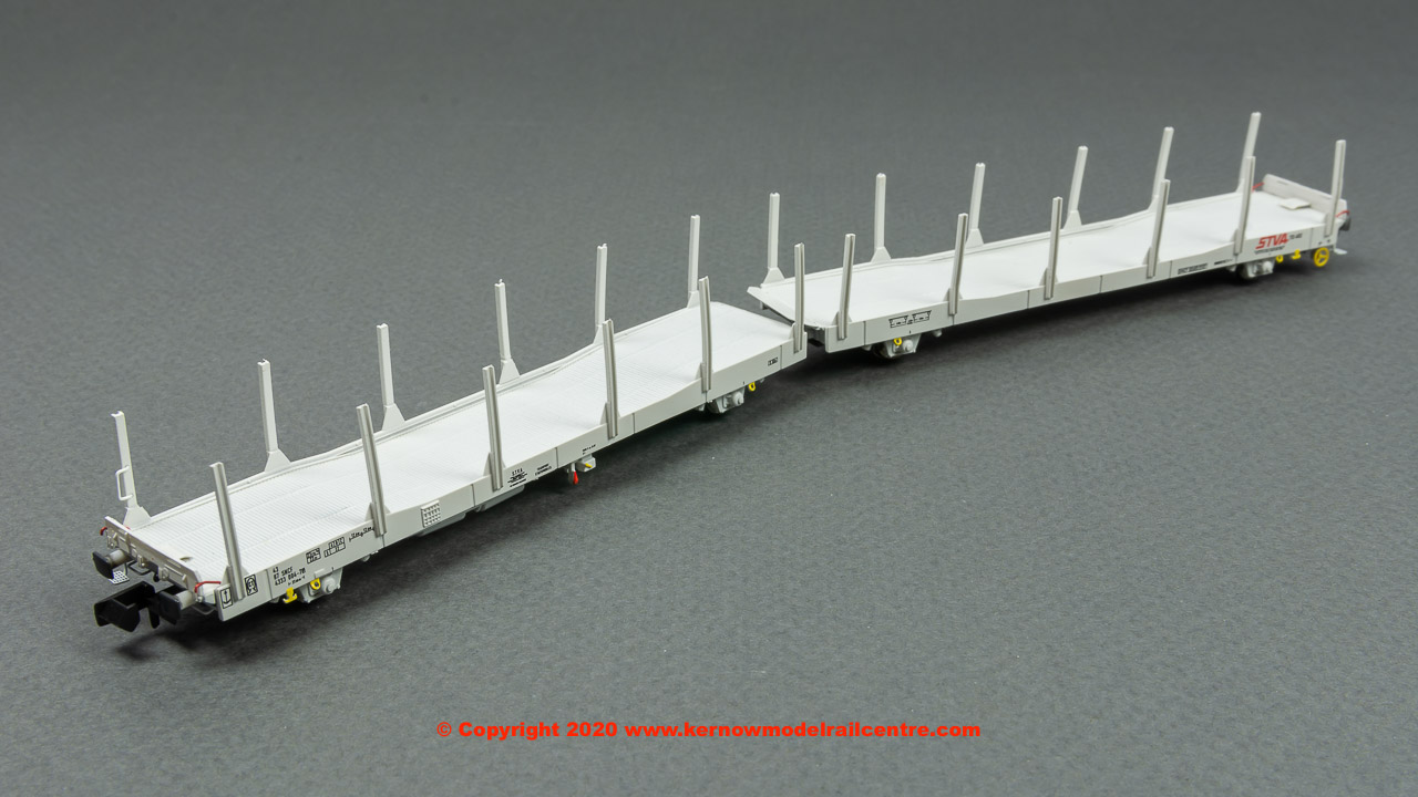 N-IPA-121A Revolution Trains IPA Single-deck Car Carrier Twin Set - Flat With Stakes In STVA Grey Livery